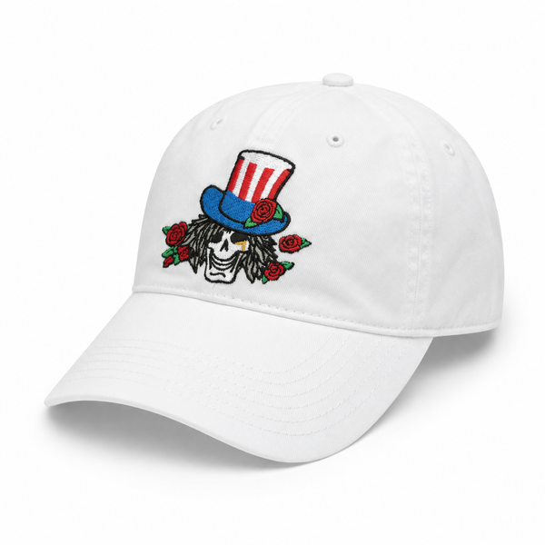 Grining Skull With Roses Strapback Hat White
