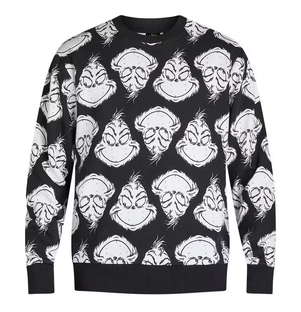 Dr Seuss All-Over Grinch Face Crewneck Black/White